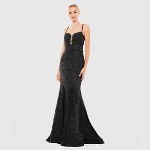 NWT $798 MAC DUGGAL Embroidered Sleeveless Plunge Neck Trumpet Gown dress Black